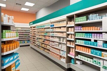 Canvas Print - a drugstore with shelves stocked full of beauty products, health and wellness items, and medications, created with generative ai