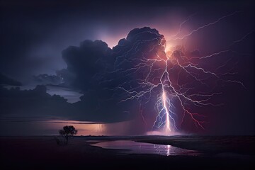 Canvas Print - dramatic thunderstorm with lightning flashing and rain pouring down in the distance, created with generative ai