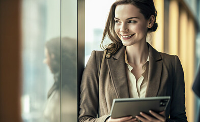 Beautiful smiling young student or business woman holding a tablet. Created with Generative AI technology.