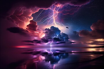 Sticker - dramatic thunderstorm with lightning illuminating the night sky, created with generative ai