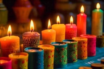 Multi colored candles burning in the evening. Oriental feel. Created with Generative AI technology.