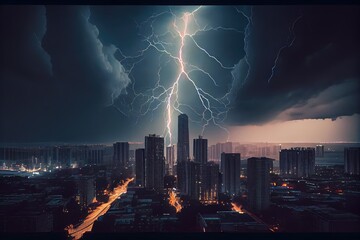 Wall Mural - dramatic thunderstorm over city, with lightning bolt striking tall building, created with generative ai