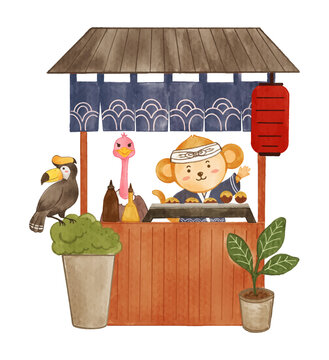 Fototapete - Japanese takoyaki shop with wildlife animals . Realistic watercolor paint with paper textured . Cartoon character design . Vector .