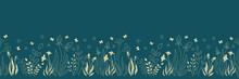 Seamless Border With Flowers, Plants, Butterflies And Dark Turquoise Background. Beautiful Horizontal Border For Greeting Card, Interior Design, Tape, Textile Or Other Using. Vector Illustration.