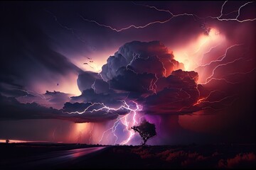 Canvas Print - dramatic thunderstorm with lightning strikes, illuminating the sky, created with generative ai