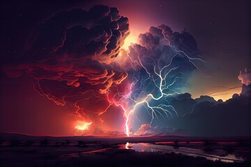 Canvas Print - fireworks amidst the lightning and thunder of a dramatic storm, created with generative ai