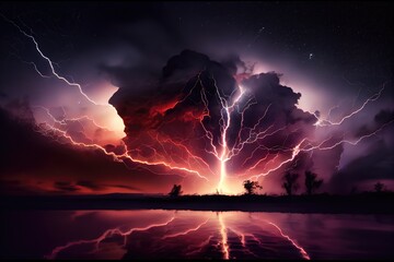 Canvas Print - fireworks amidst the lightning and thunder of a dramatic storm, created with generative ai