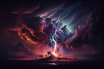 Canvas Print - dramatic thunderstorm with lightning streaks and stormy clouds in the night sky, created with generative ai