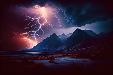 Poster - dramatic thunderstorm with lightning strikes and torrential rain over mountain range, created with generative ai