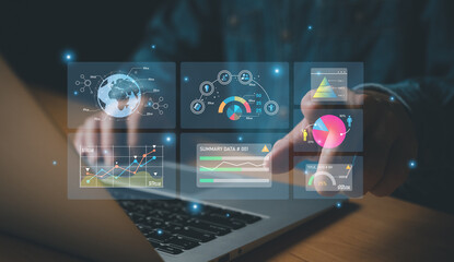 Wall Mural - young entrepreneur using big data analysis and cloud technology to collect customer data and display