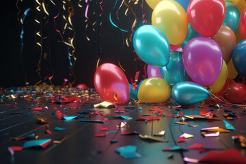 Wall Mural - Colored balloons and confetti on the floor on a dark background. AI generative.