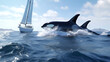 killer whales swim towards a yacht generative ai 