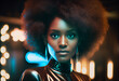 Elegant and fashionable black woman with afro hair in disco club. Generate Ai.