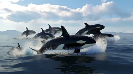 a pack of orcas swim through the ocean generative ai