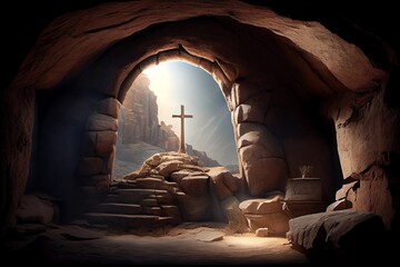 Jesus is risen, illustration of an empty tomb from inside, with a cross in the background. Easter card illustration.