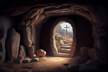 Jesus is risen, illustration of an empty tomb from inside, with a cross in the background. Easter card illustration.