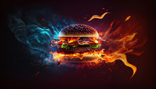 Delicious Hot Burger On Fire Background Wallpaper