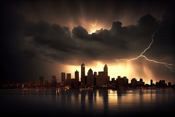 Canvas Print - dramatic thunderstorm over sunlit city skyline, created with generative ai