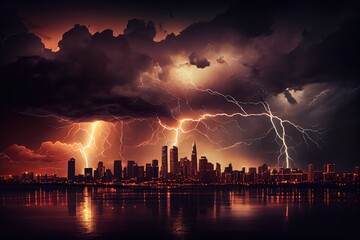 Canvas Print - dramatic thunderstorm, with lightning striking over city skyline, created with generative ai