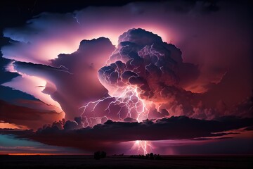 Canvas Print - lightning flash illuminating dramatic cloudscape, created with generative ai