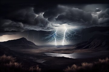 Wall Mural - dramatic thunderstorm over valley, with lightning striking and rain falling, created with generative ai