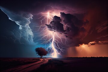 Sticker - dramatic thunderstorm at sunset, with dramatic sky and lightning, created with generative ai