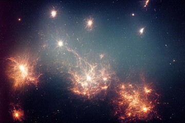 Wall Mural - bright flashes in dark sky with stars in cosmos background digital illustration., created with gener