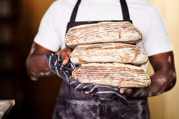 Aufkleber - they are fresh and delicious. a male baker holding freshly baked bread in his bakery.