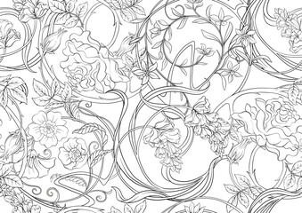 Wall Mural - Decorative flowers and leaves in art nouveau style, vintage, old, retro style. Seamless pattern, background. Vector illustration. In art nouveau style, vintage, old, retro style.