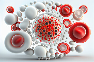 Poster - beautiful abstract illustration of human red and white blood cells isolated on white background, concept for medical health care. Generative AI technology.