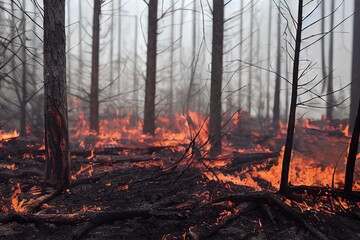 Sticker - Wood trunks burned in forest fire, forest fires burn all natural concept., created with generative ai