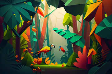 Poster - Jungle: An abstract low poly geometry background featuring a jungle scene. Generative AI technology.