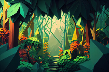 Poster - Jungle: An abstract low poly geometry background featuring a jungle scene. Generative AI technology.