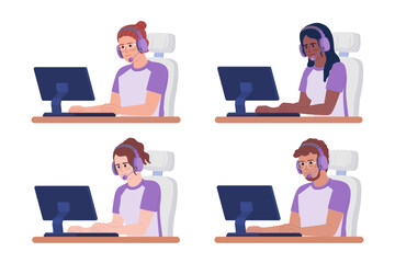 Poster - Gamers with headsets at computers semi flat color vector characters set. Editable figures. Half body people on white. Simple cartoon style spot illustration pack for web graphic design and animation