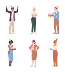Poster - Celebrating coworker birthday at work semi flat color vector characters pack. Editable full body people on white. Simple cartoon style spot illustration bundle for web graphic design and animation
