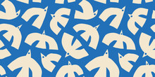 Abstract Bird Animal Shape Seamless Pattern. Contemporary Art Flat Cartoon Background, Simple Birds Flying In Bright Blue Sky Colors. 