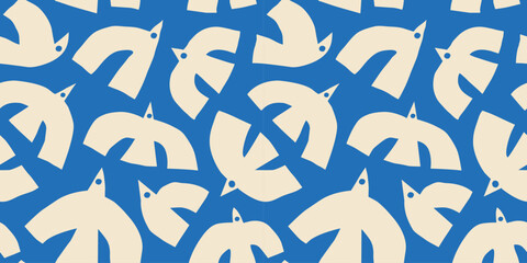 Wall Mural - Abstract bird animal shape seamless pattern. Contemporary art flat cartoon background, simple birds flying in bright blue sky colors. 