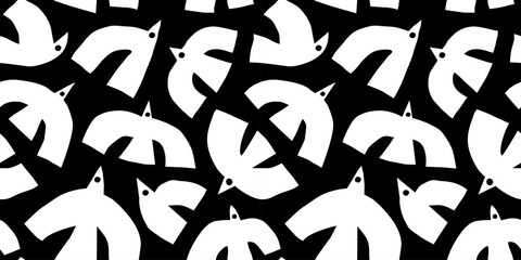 Abstract bird animal shape seamless pattern. Contemporary art flat cartoon background, simple birds flying in black and white colors. 