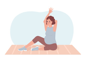 Poster - pregnancy stretches for back pain relieving 2d vector isolated spot illustration. pregnant woman on 