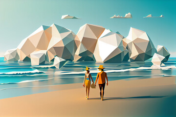 Poster - A low poly geometric beach scene with a couple holding hands and walking along the shoreline Generative AI technology.