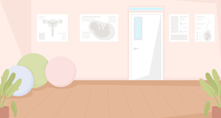 Poster - Prenatal fitness studio flat color vector illustration. Gym for pregnant women. Yoga center for expectant mothers. Fully editable 2D simple cartoon interior with exercises balls on background