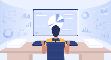 Data engineer at computer making graphs flat color vector illustration. Optimizing data infrastructure. Hero image. Fully editable 2D simple cartoon character with large computer monitor on background