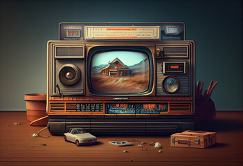 Poster - Illustrations of iconic 80s movies and TV shows such as Back to the Future and Stranger Things Generative AI technology