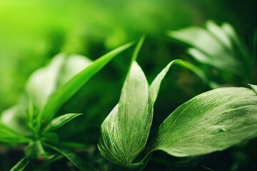 Poster - Bright green leaves of growing plants closeup background 3D render digital illustration., created with generative ai