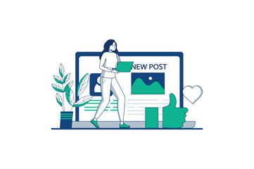 Poster - Content manager blue outline concept with people scene in the flat cartoon style. Content manager monitors the correct publication of content on the site. Vector illustration.