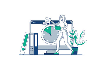 Aufkleber - Deadline blue outline concept with people scene in the flat cartoon design. Employee is trying hard to complete all the tasks in order to meet the deadline. Vector illustration.