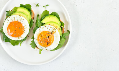 Canvas Print - Bread with fried eggs, avocado and greens