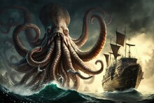 Kraken Octopus Attacking Pirate Ship On The High Seas, Generative AI	