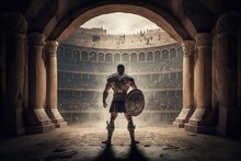 Roman Gladiator Inside The Coliseum, Gladiator Inside Battle Arena, Generative AI