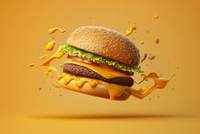 Hamburger Isolated On Yellow Background, Hamburger Falling And Scattering, Generative AI